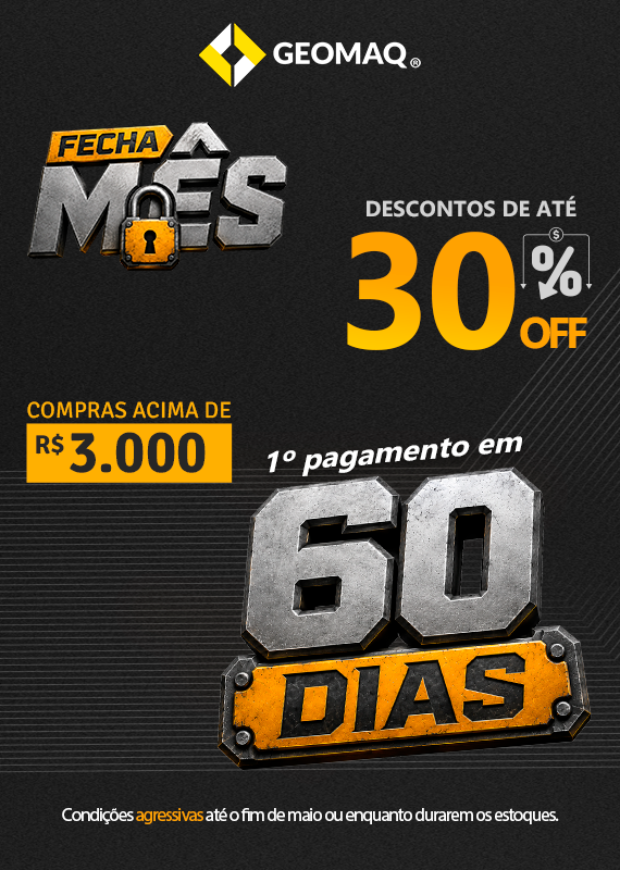 Banner promocional da campanha Fecha Mês da Geomaq com visual industrial em preto, cinza e amarelo. Destaque para o texto “Fecha Mês”, cadeado central, chamada “Descontos de até 30% OFF” e frase “A maior queima de estoque. Por tempo limitado.”